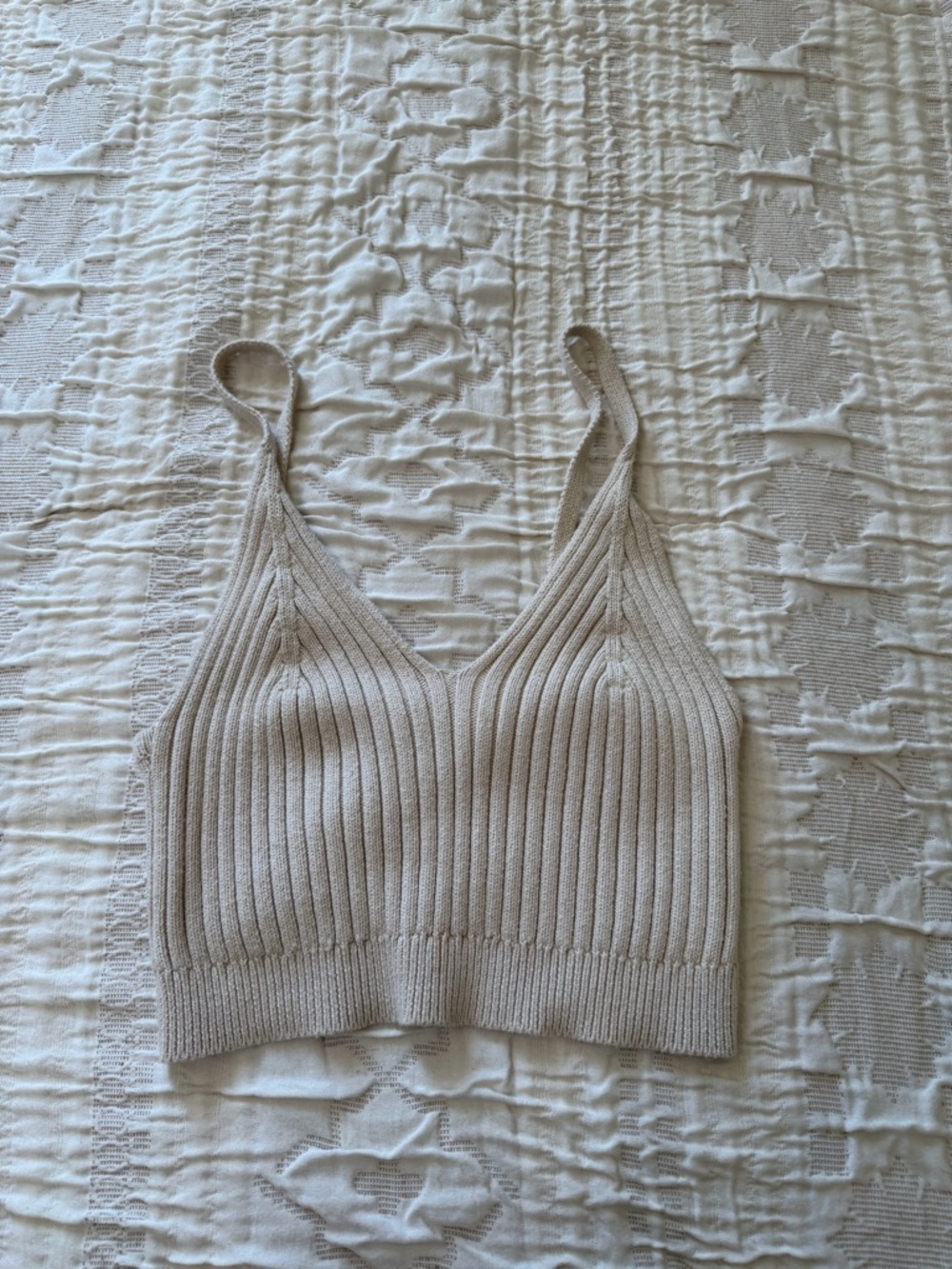 Ribbed Knit Cropped Tank Top in Light Beige